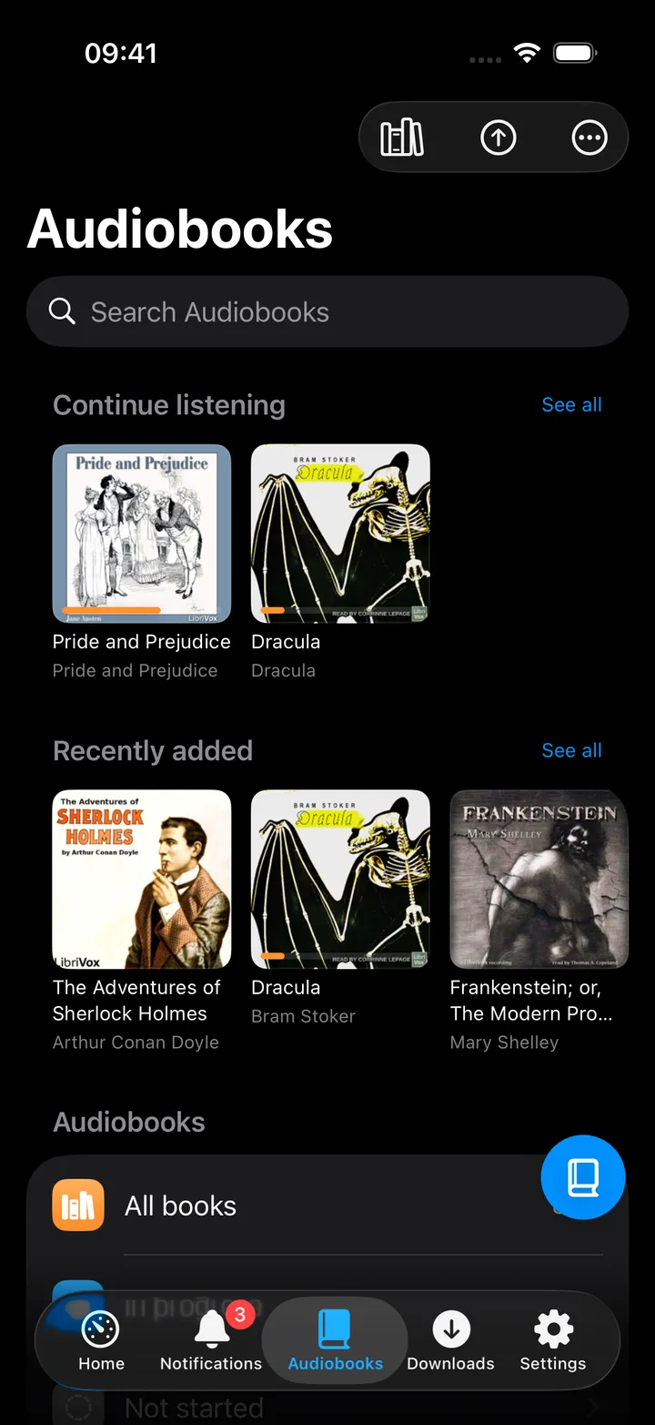 Audiobooks hub with continue listening and library rows