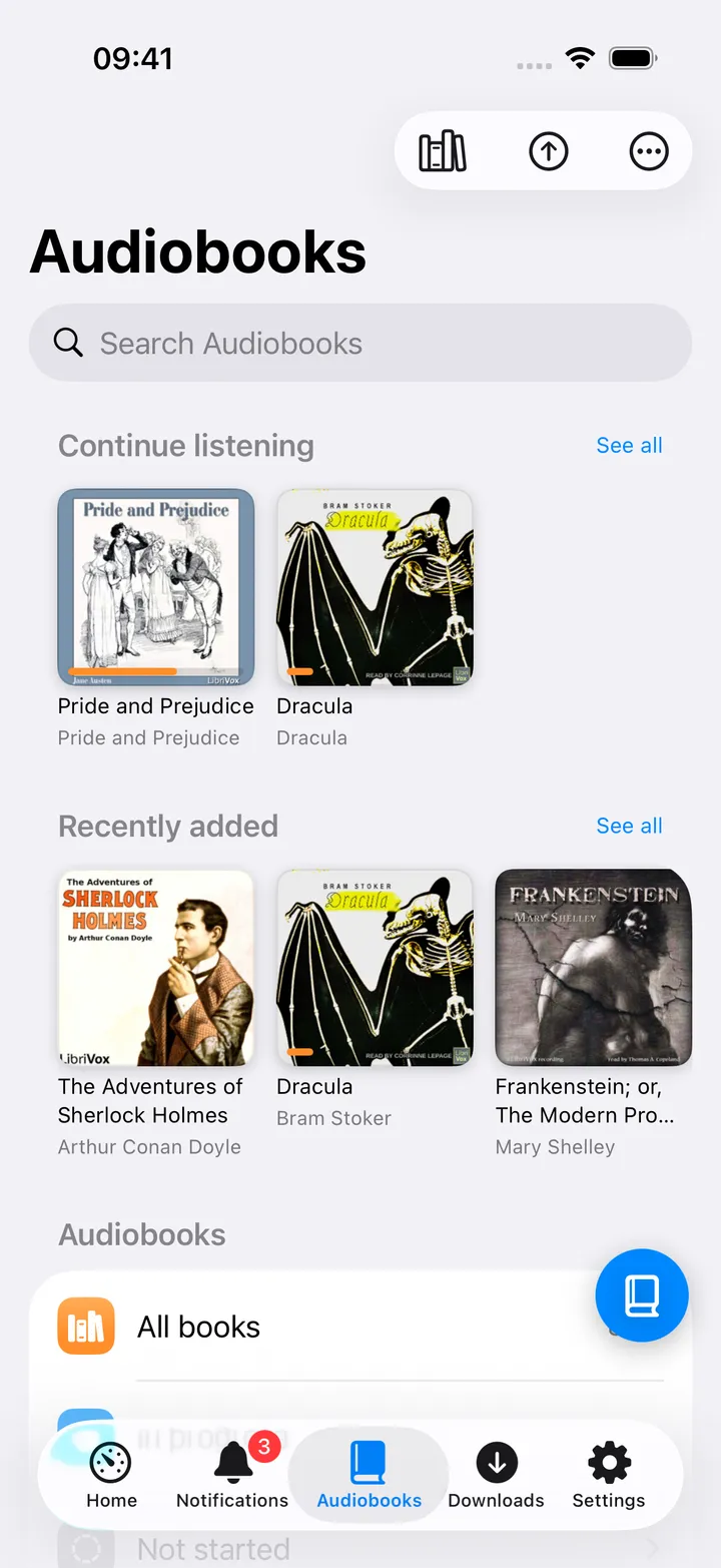 Audiobooks hub with continue listening and library rows
