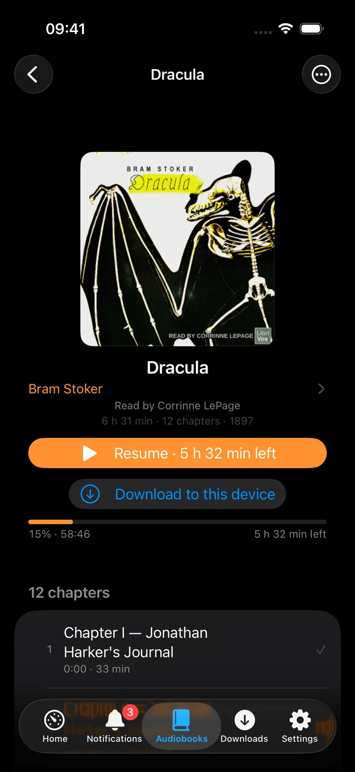 Audiobook item screen with chapters and details