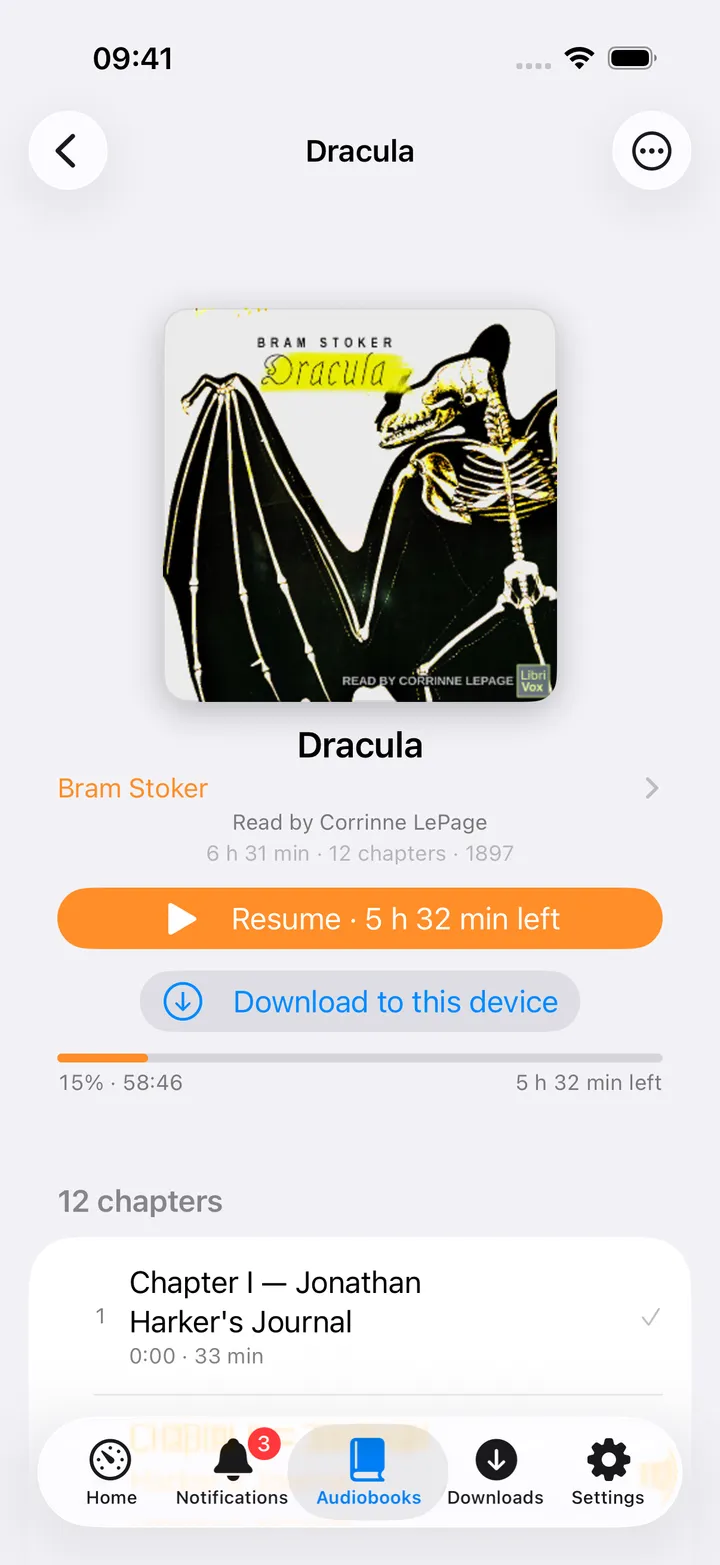Audiobook item screen with chapters and details