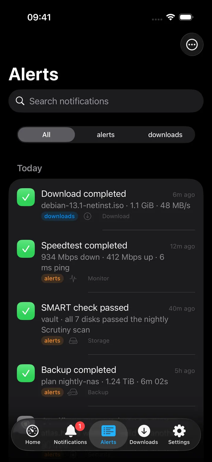 Alerts inbox with unread notifications from ntfy topics