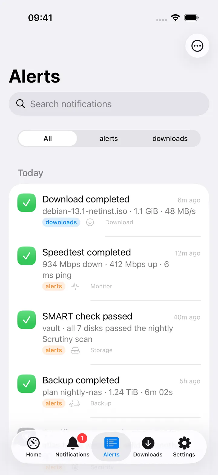 Alerts inbox with unread notifications from ntfy topics