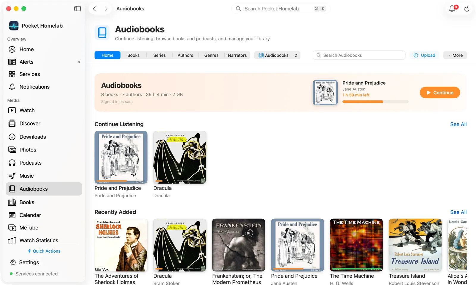 Mac Audiobooks: bar with views, library picker, search, Upload and More above the Home view