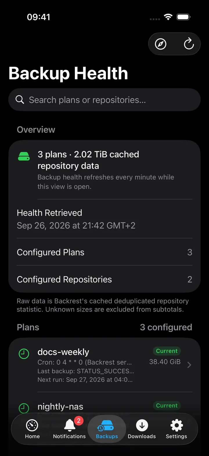 Backup Health screen: overview, plans and repositories with health tags.