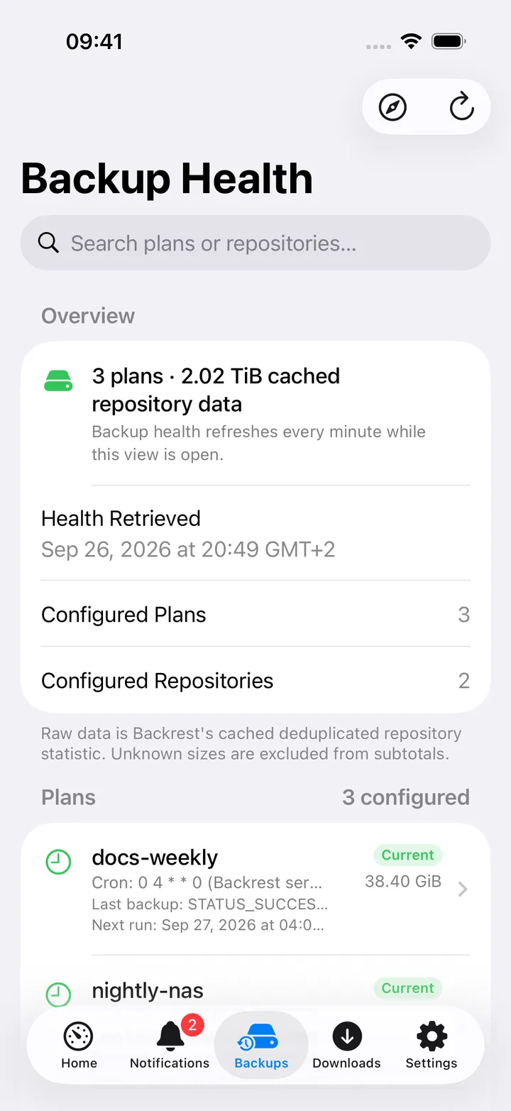 Backup Health screen: overview, plans and repositories with health tags.