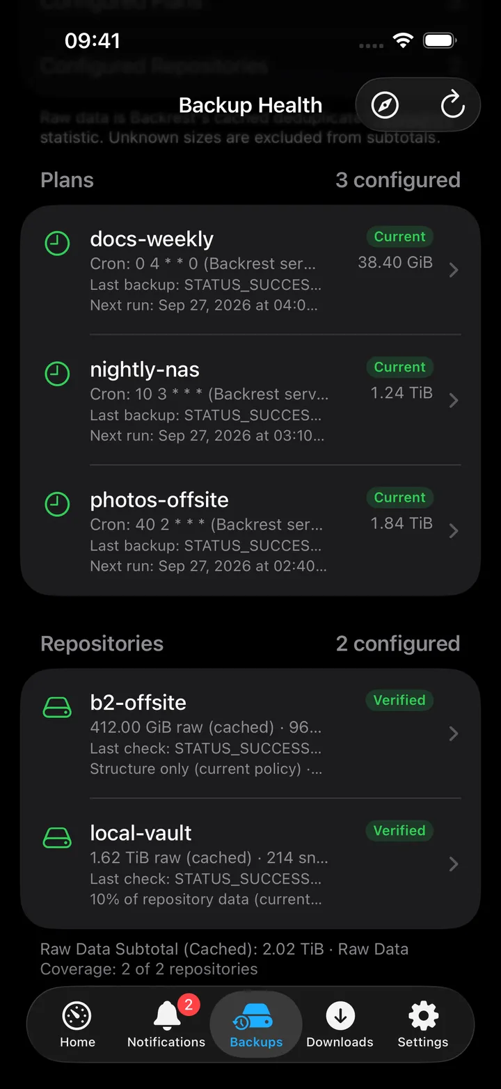 Plans and repositories further down, with schedules, last runs, raw data and health tags.