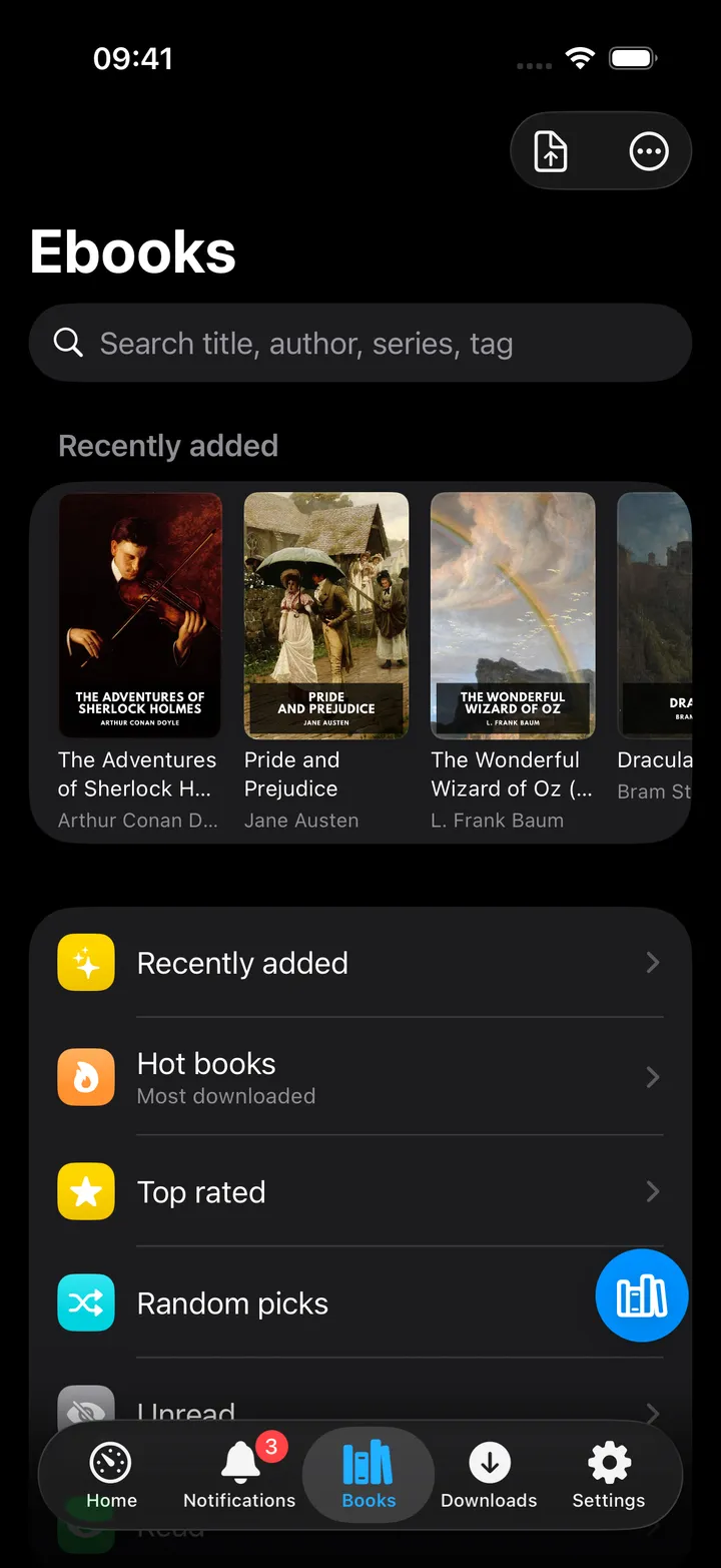 Ebooks hub with recently added strip and browse rows