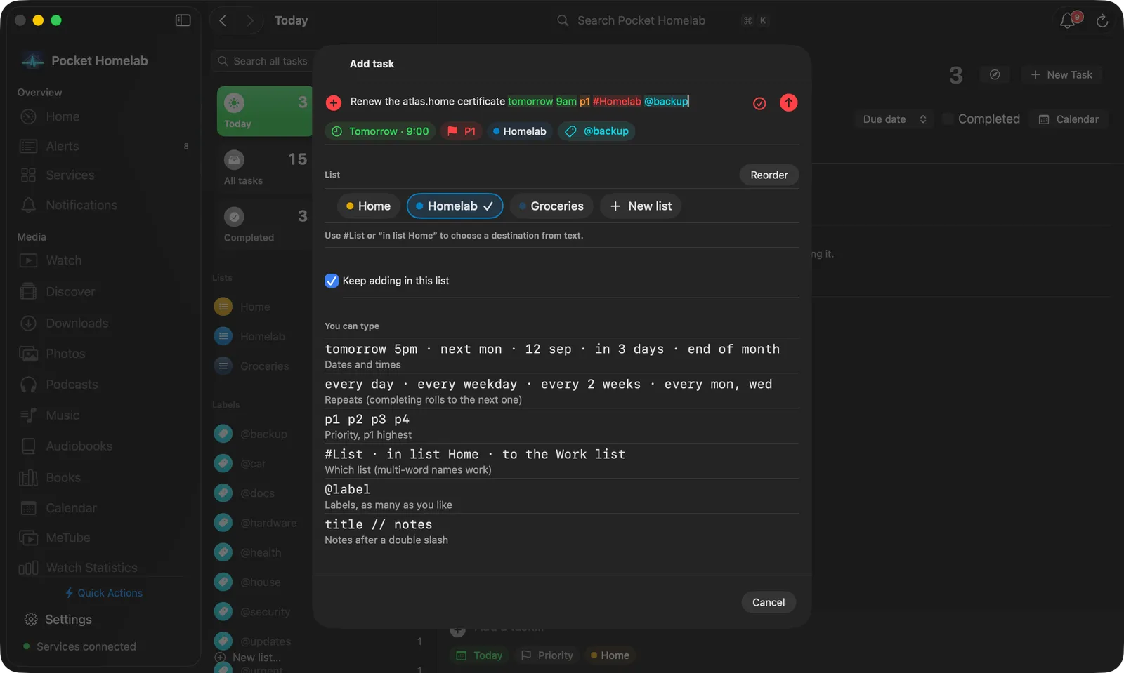 The floating Add task capture panel over another app