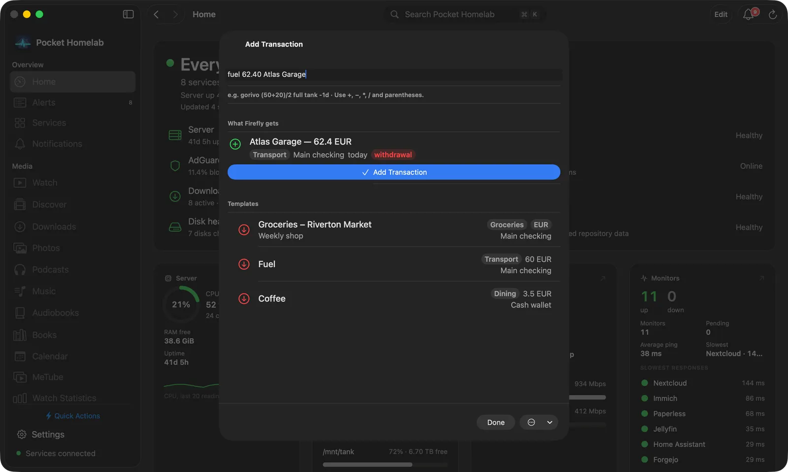 Floating Add transaction panel over another application