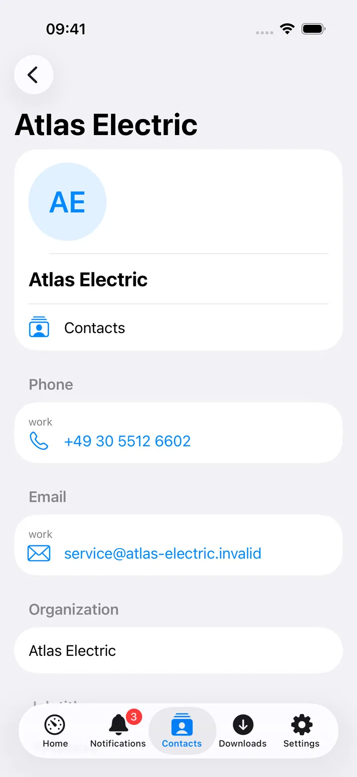 A contact detail screen with phone, email and address sections