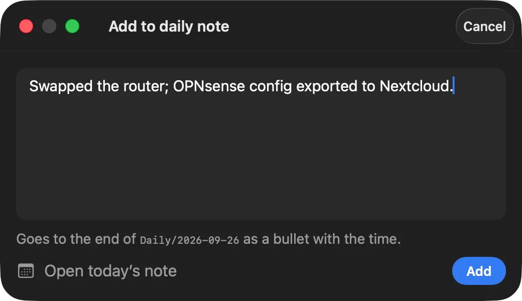 The Add to daily note panel with one line typed