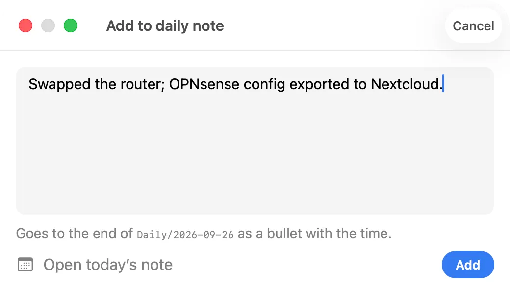 The Add to daily note panel with one line typed