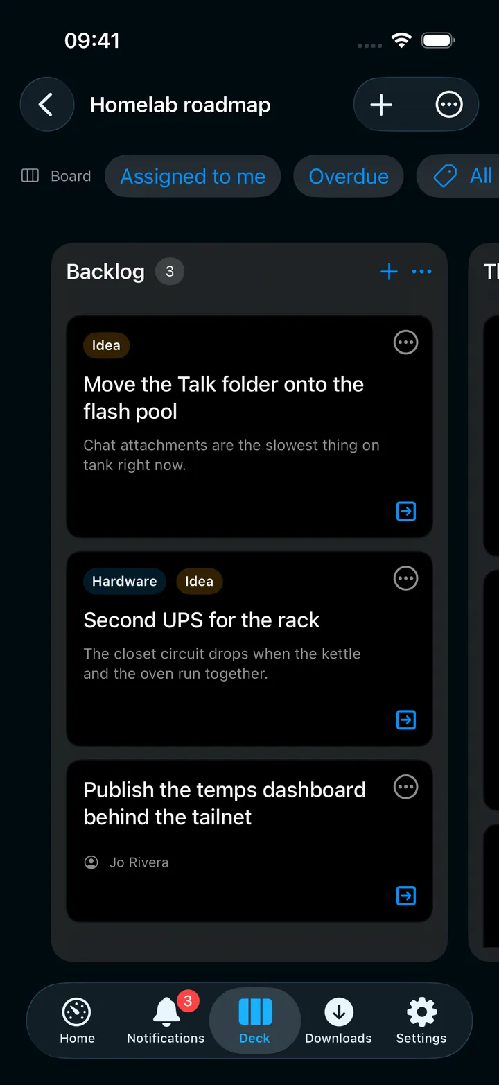 A kanban board with three lists and label chips