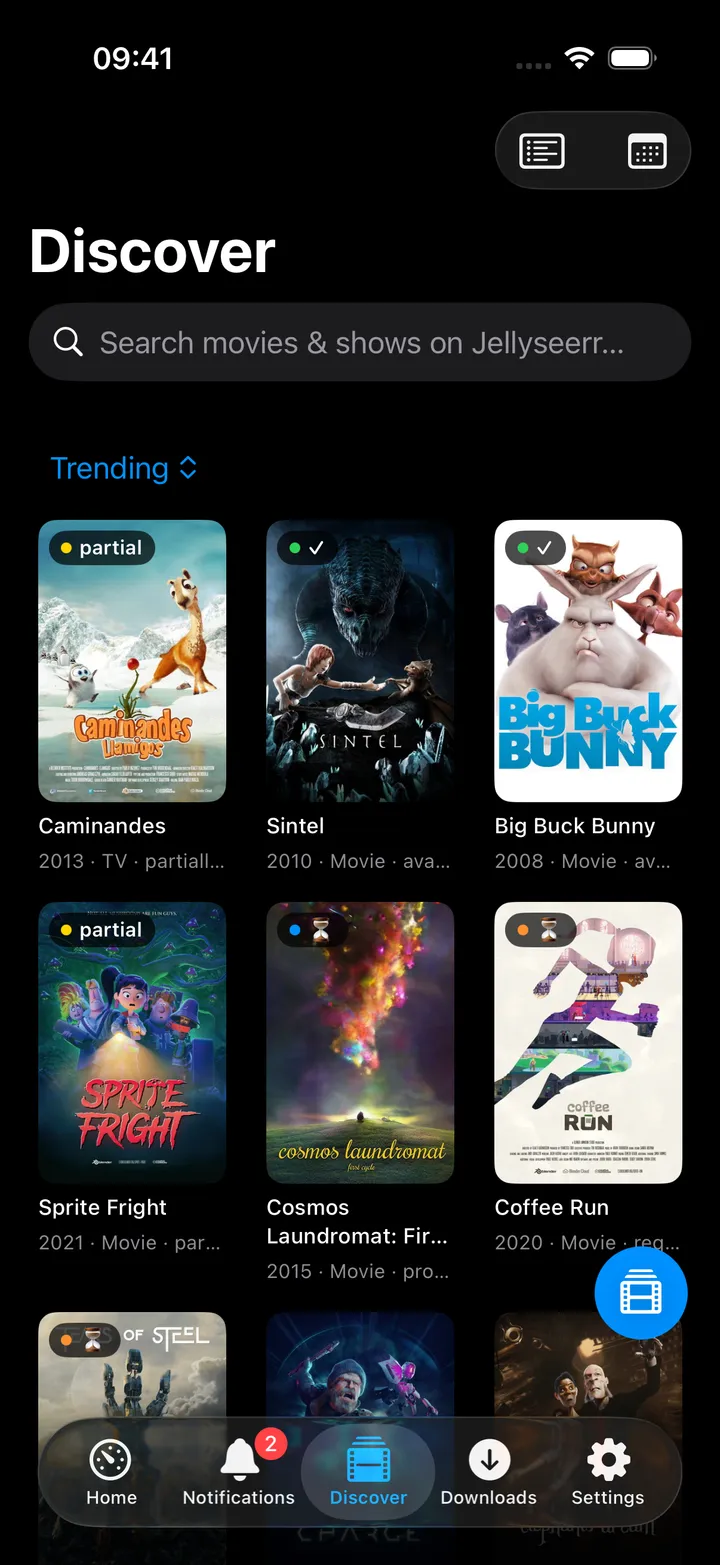 Discover screen with trending titles and request status