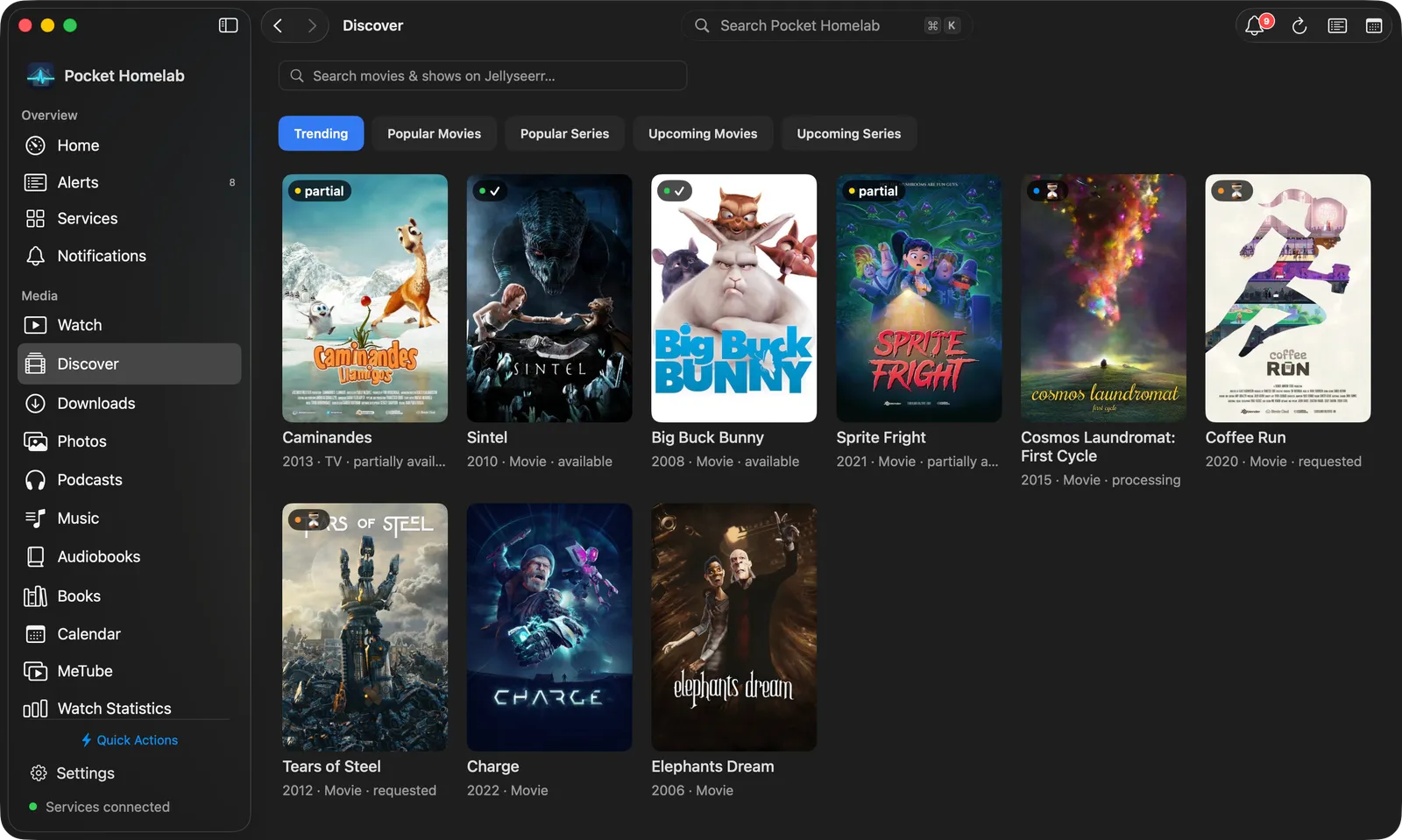 Mac Discover workspace with a category row above a poster grid