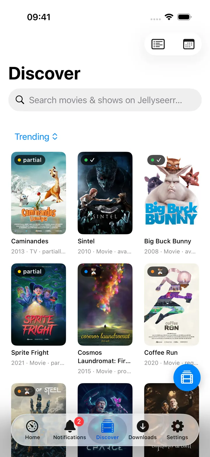 Discover screen with trending titles and request status
