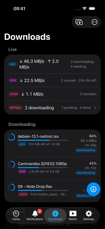 Downloads screen showing active transfers