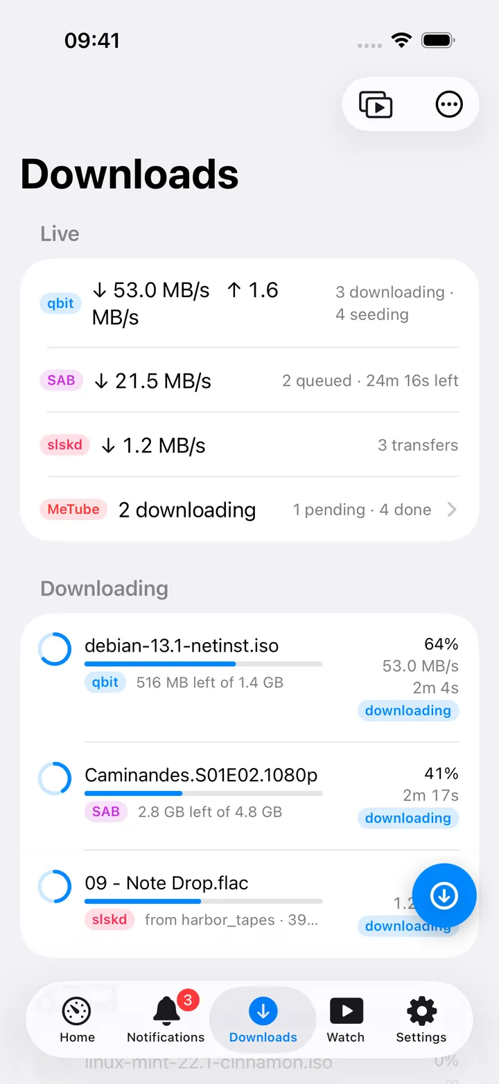 Downloads screen showing transfers from several clients
