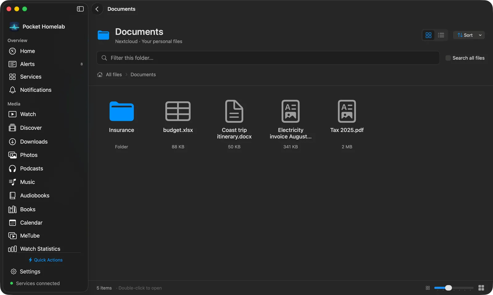 Nextcloud file browser in icon view with breadcrumbs