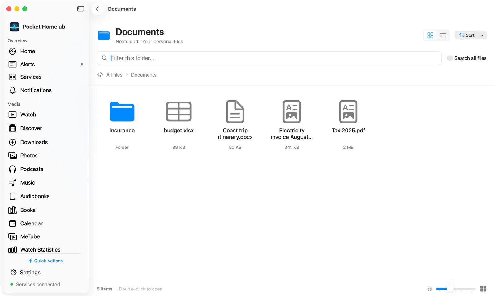 Nextcloud file browser in icon view with breadcrumbs