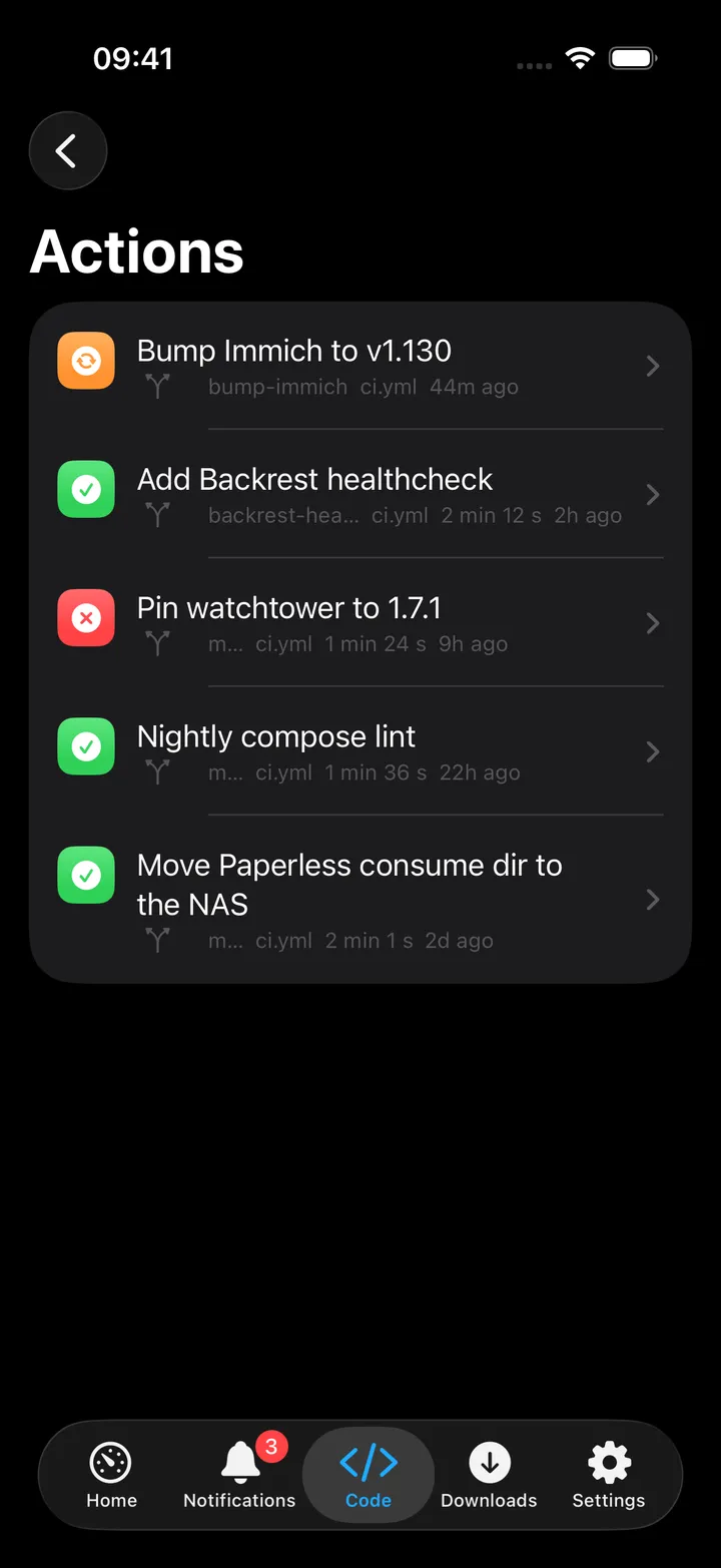 Actions runs list with a running and a failed run