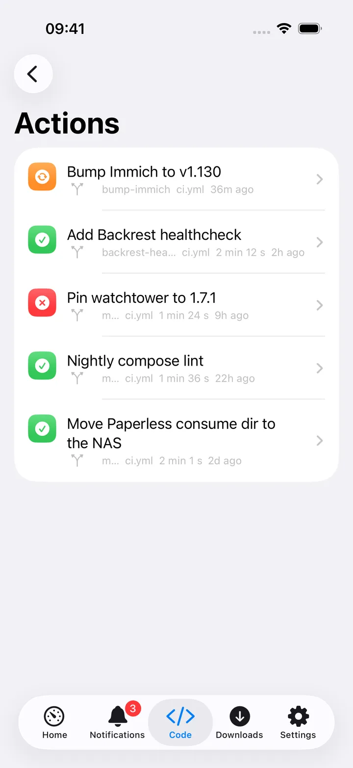 Actions runs list with a running and a failed run