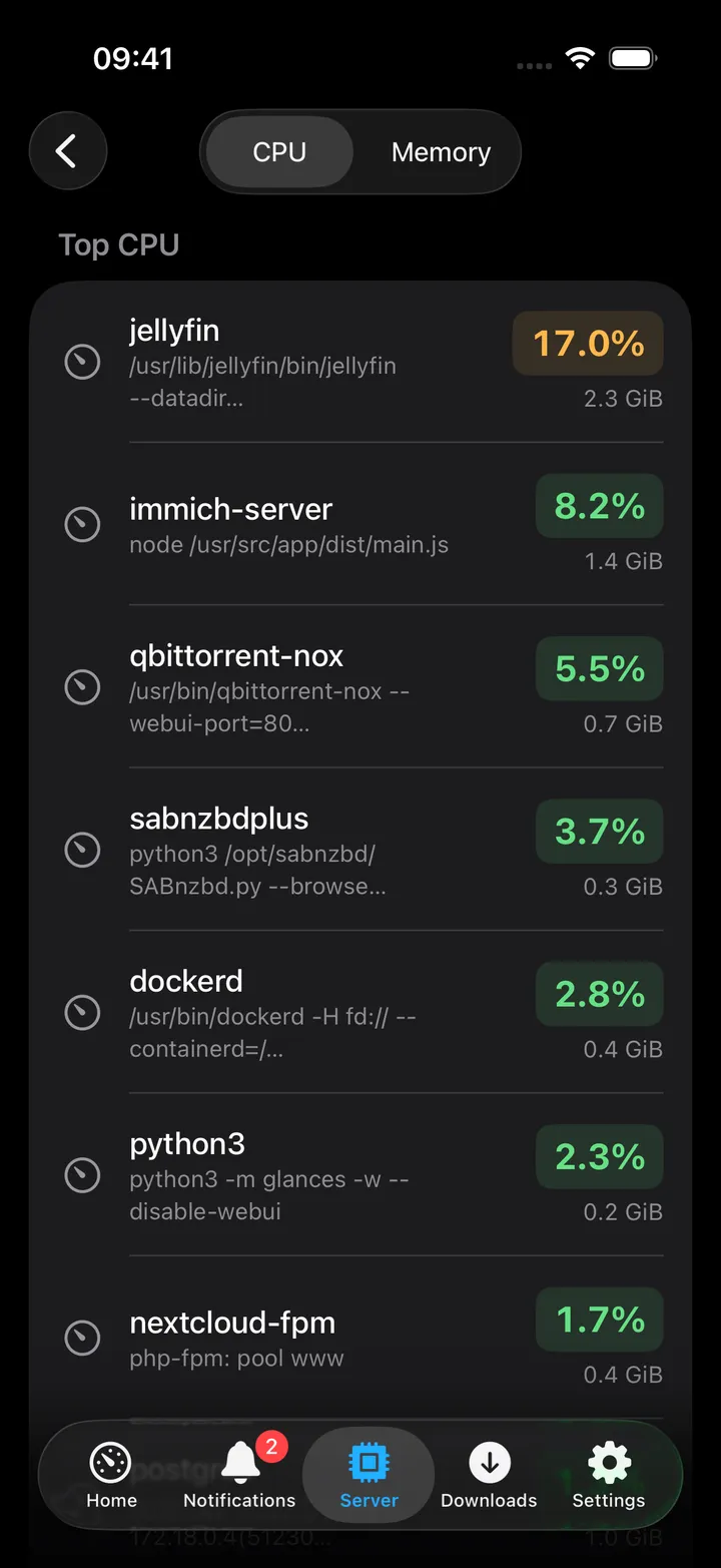 Top Processes, ranked by CPU or memory.