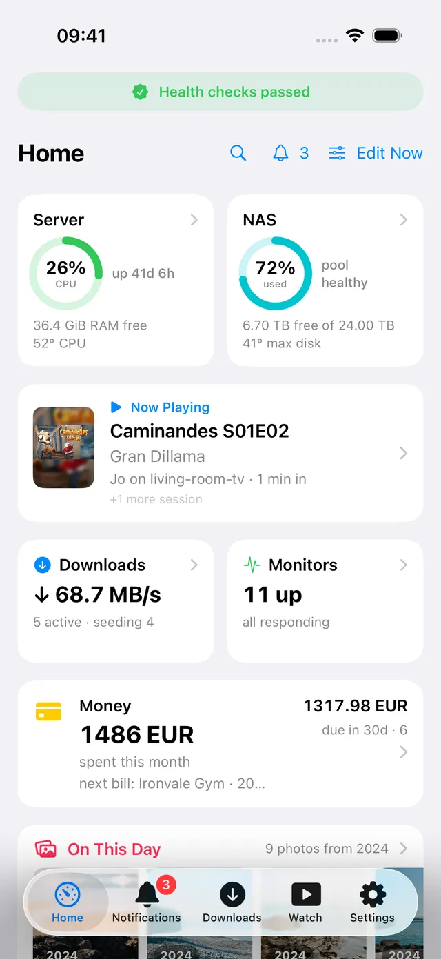 Pocket Homelab Home dashboard on iPhone