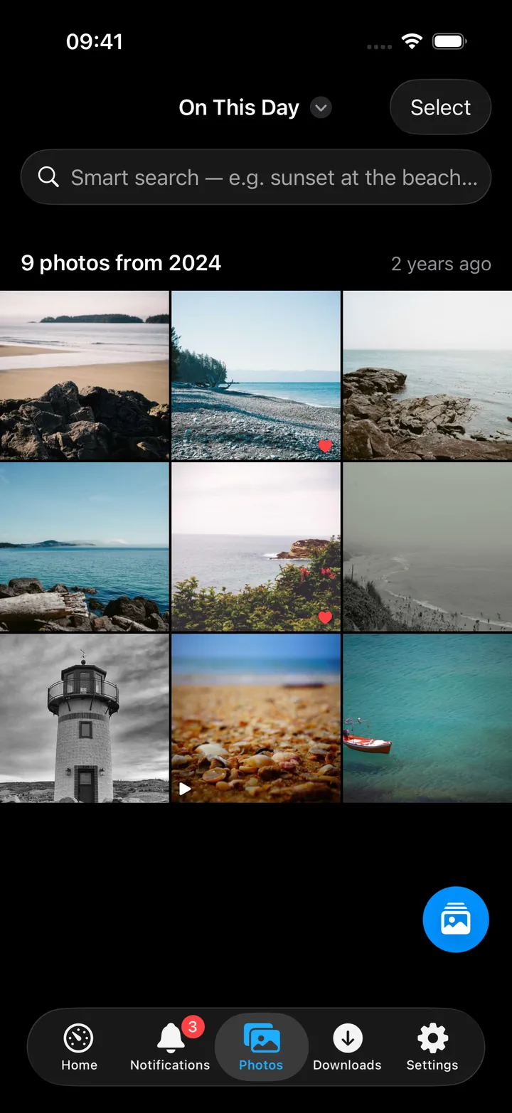 Photos tab showing the On This Day view with year sections