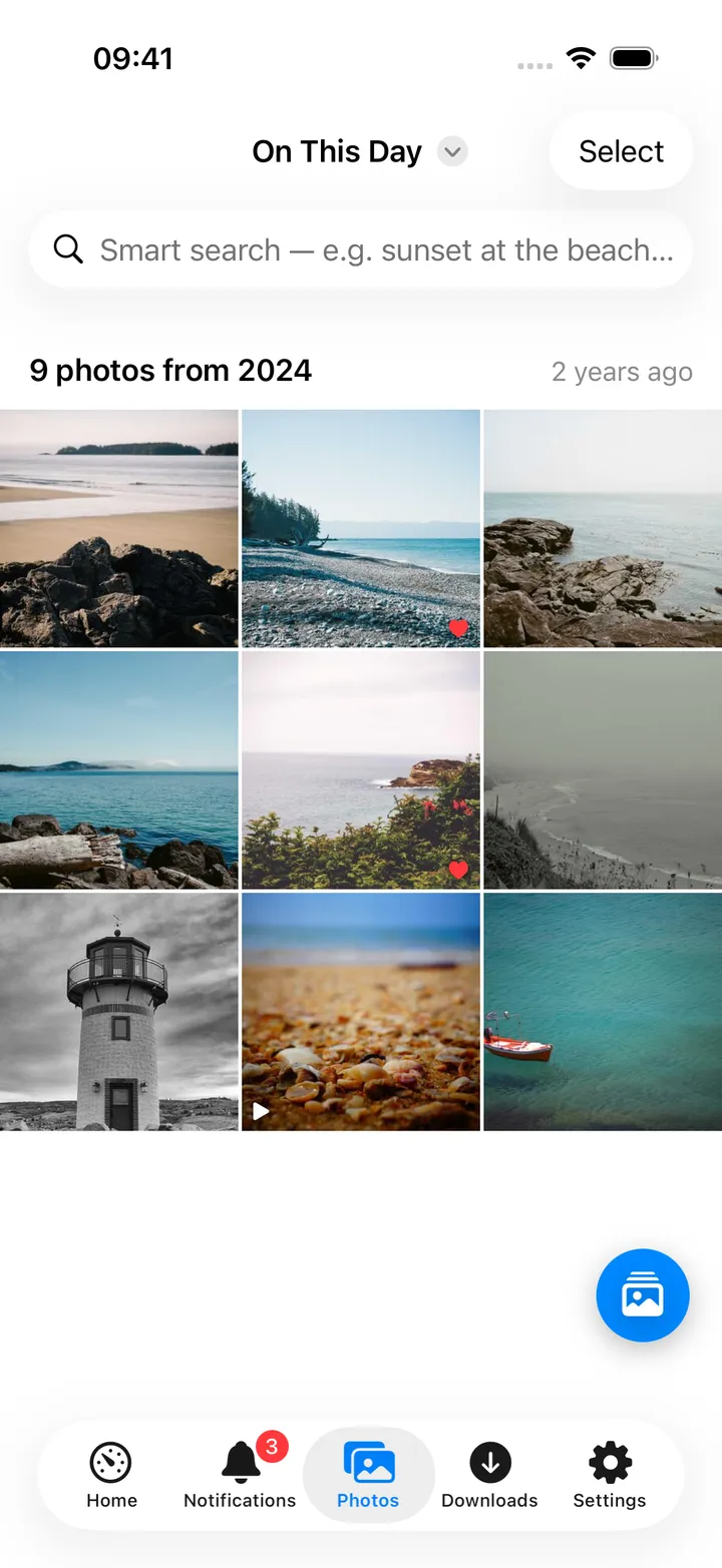 Photos tab showing the On This Day view with year sections