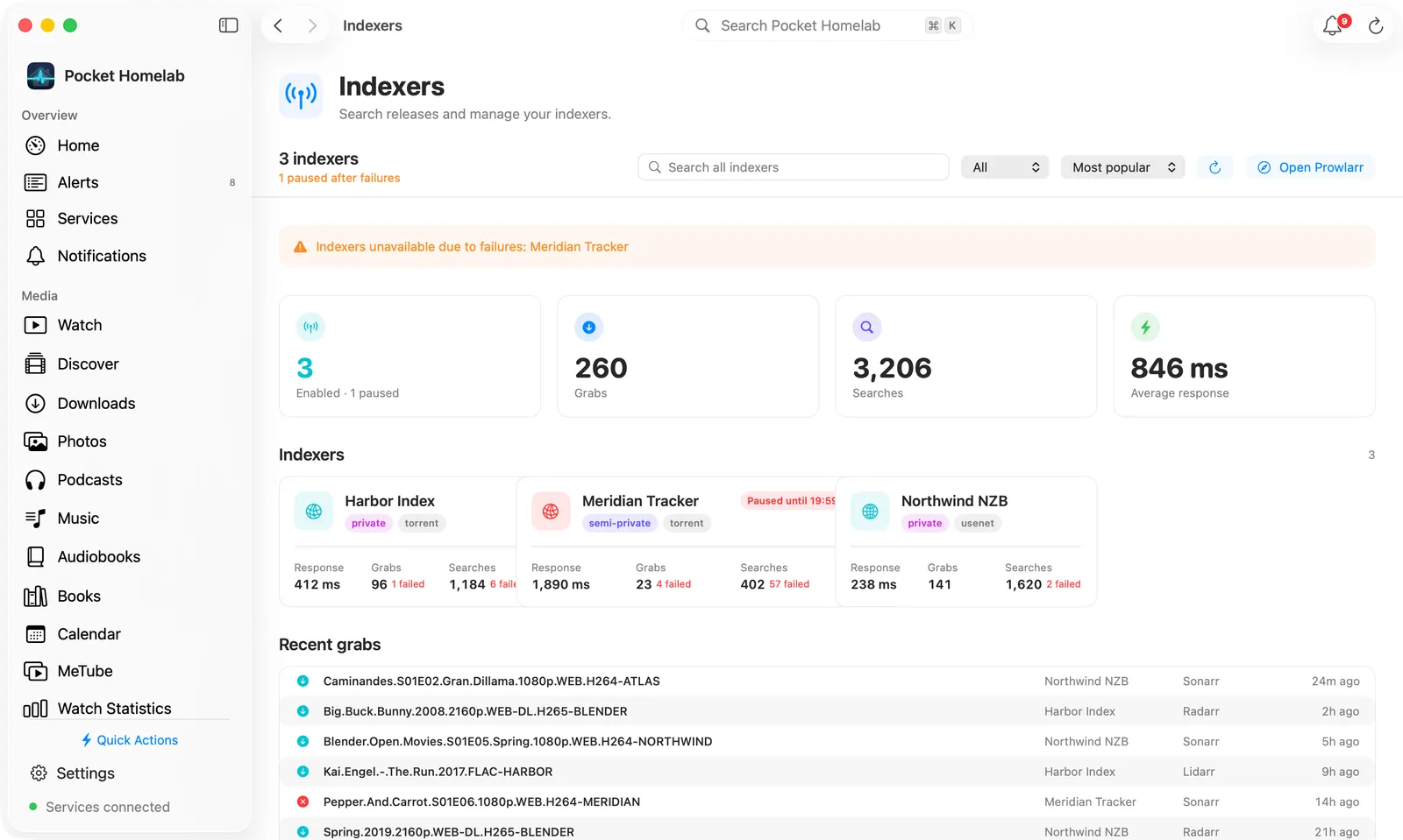 Mac Indexers page with tiles, indexer cards and recent grabs