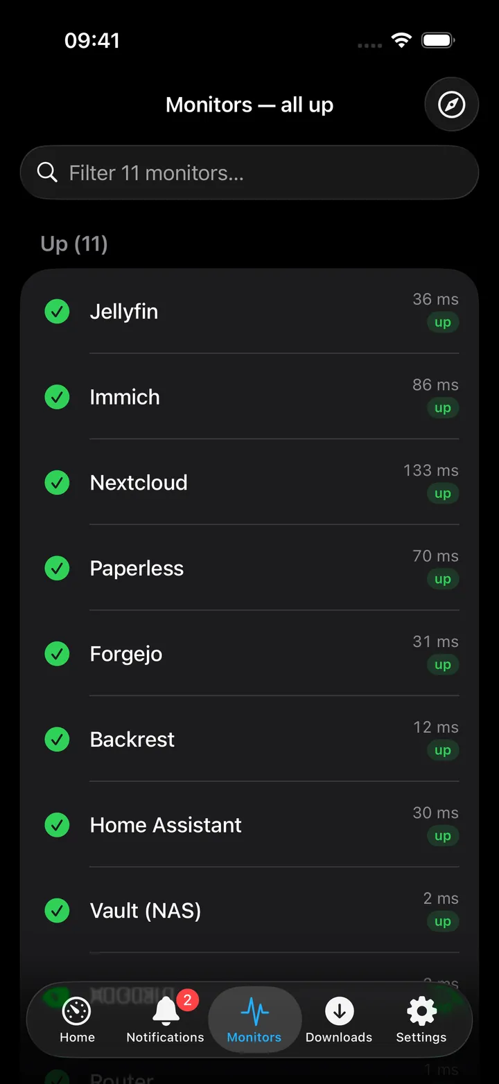 Monitors screen grouped into Down, Pending / Maintenance and Up.