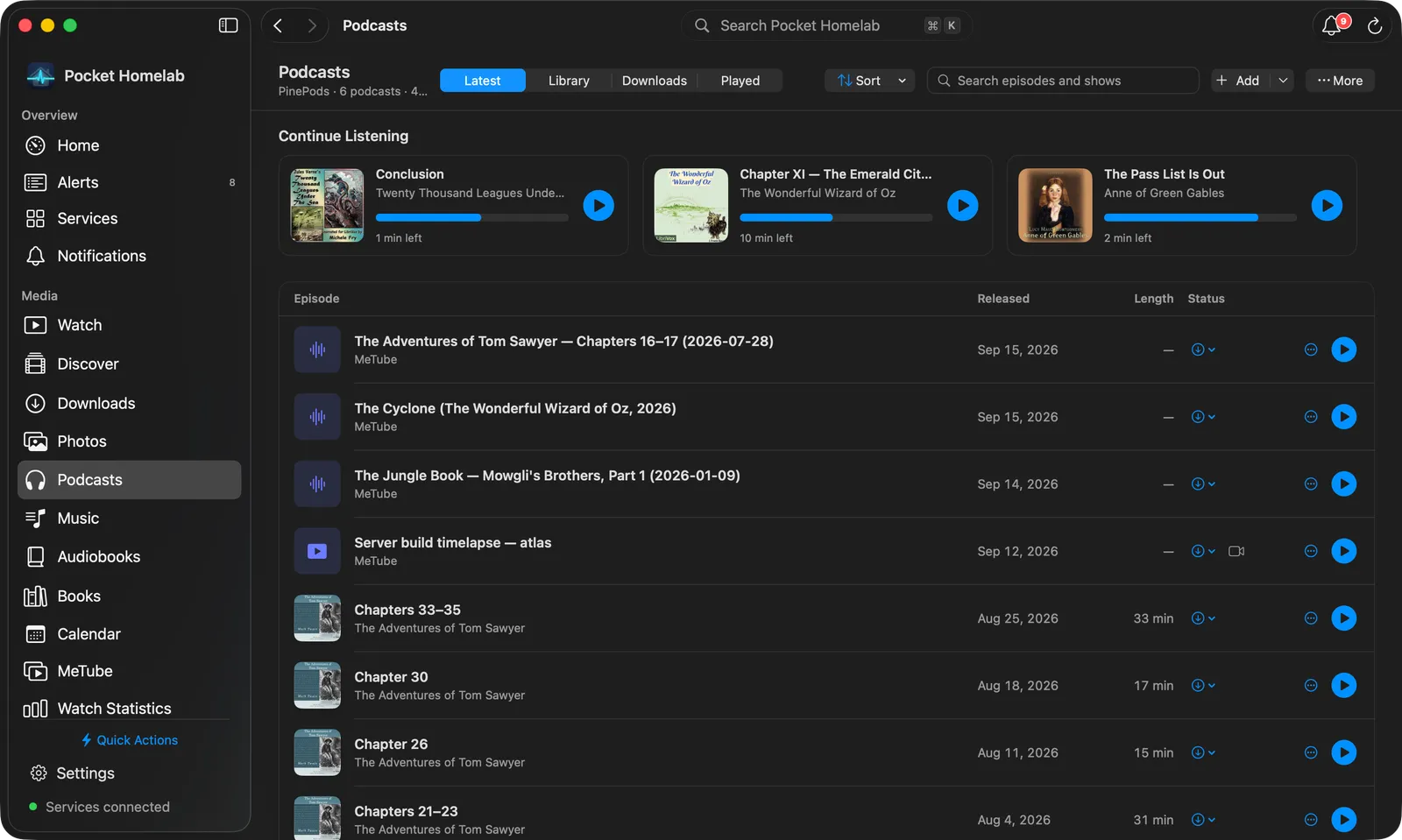 Mac Podcasts with PinePods: bar with Latest, Library, Downloads and Played, Continue Listening cards and episode rows