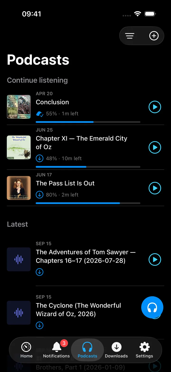 Podcasts tab with Continue listening above the Latest episodes