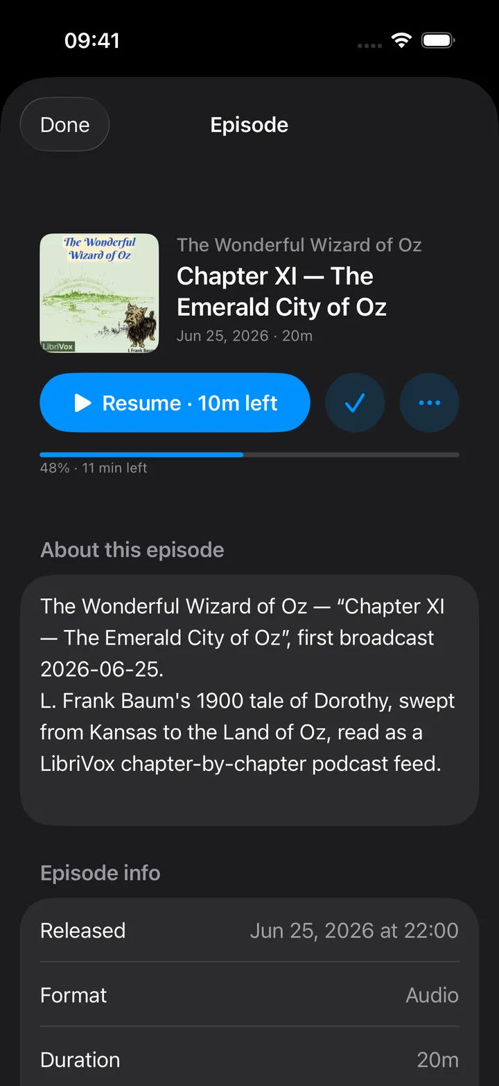 An episode opened from the list