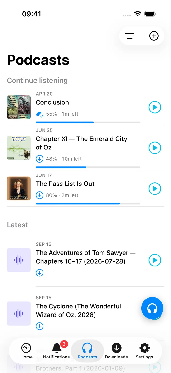 Podcasts tab with Continue listening above the Latest episodes