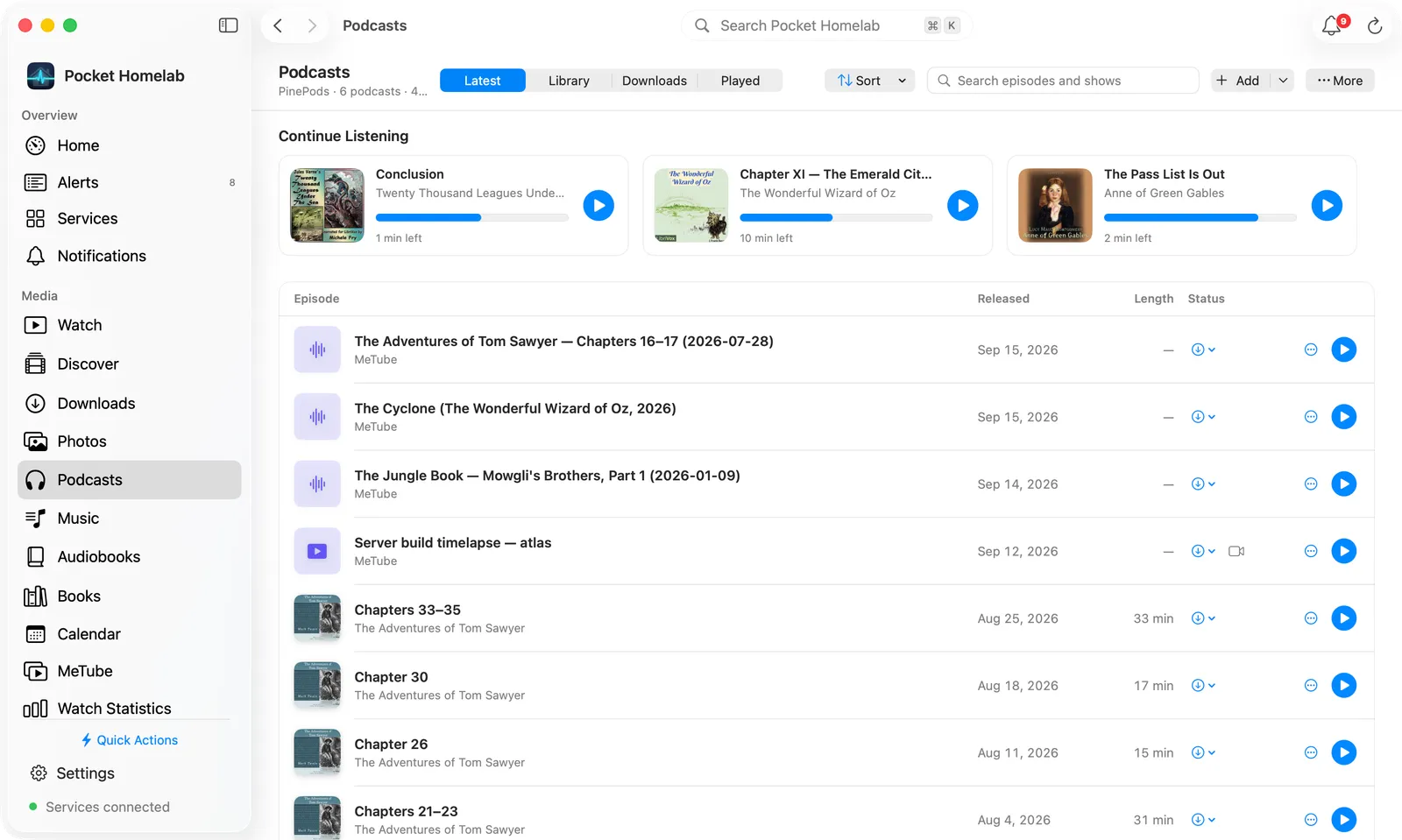 Mac Podcasts with PinePods: bar with Latest, Library, Downloads and Played, Continue Listening cards and episode rows
