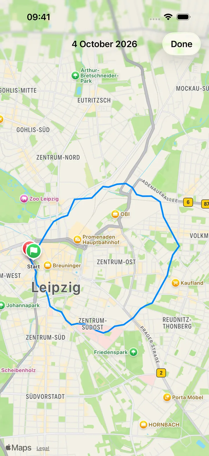 The day's path on a full-screen map