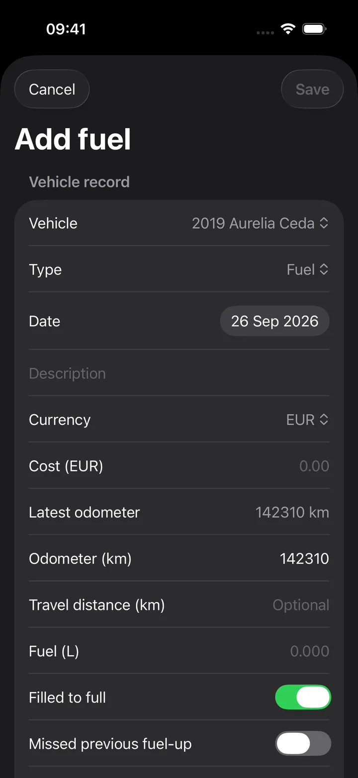 Add fuel sheet with cost, odometer and a payment template
