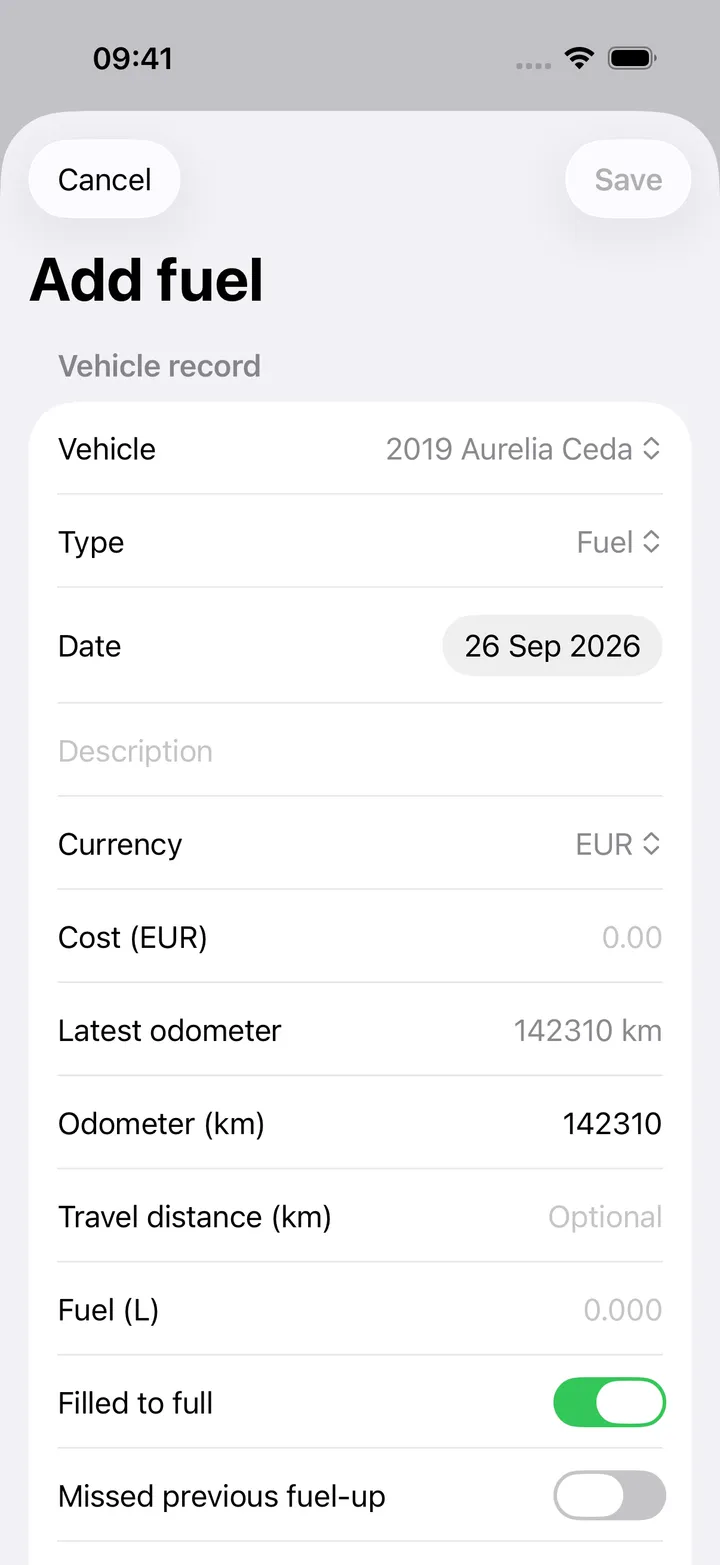 Add fuel sheet with cost, odometer and a payment template