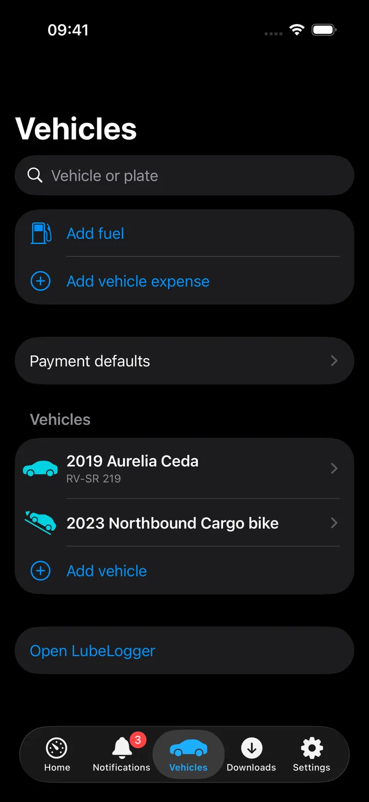 Vehicles hub with Add fuel, Add expense and a vehicle list