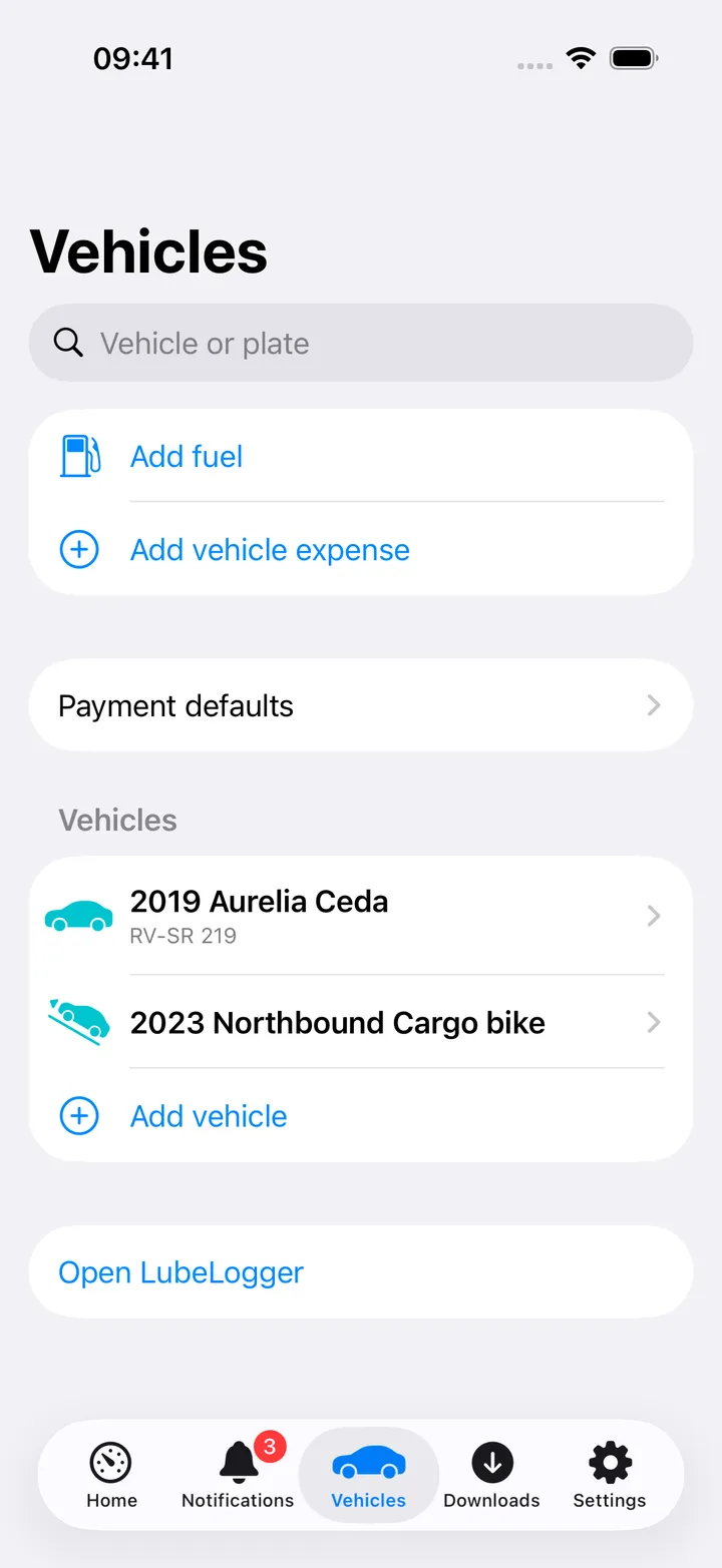 Vehicles hub with Add fuel, Add expense and a vehicle list