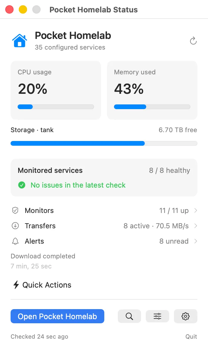 Menu bar status panel with CPU, storage and monitor cards