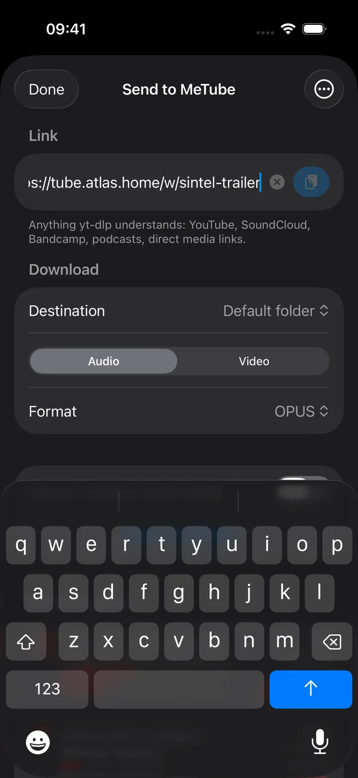 Send to MeTube sheet with link, destination and format pickers