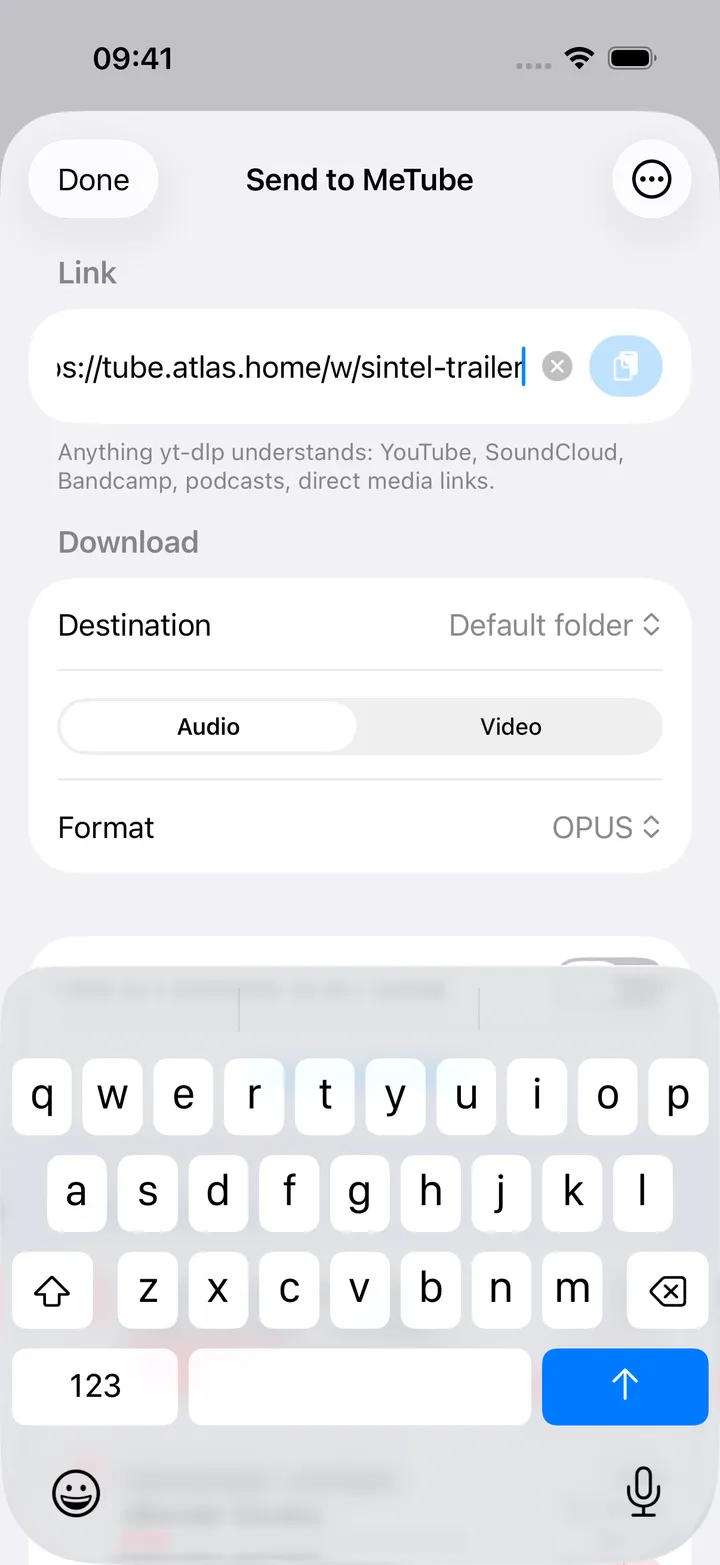 Send to MeTube sheet with link, destination and format pickers