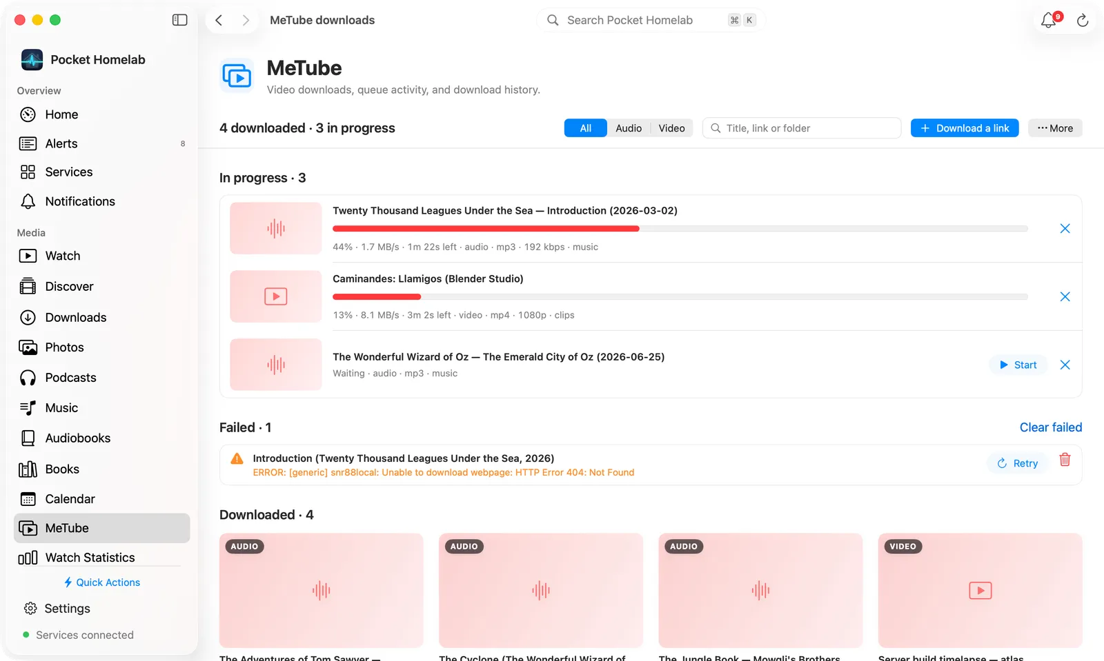 Mac MeTube page with the bar, an In progress card, a Failed card and downloads as thumbnail cards