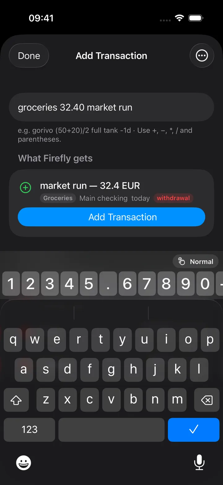 Add Transaction assistant with a parsed template preview