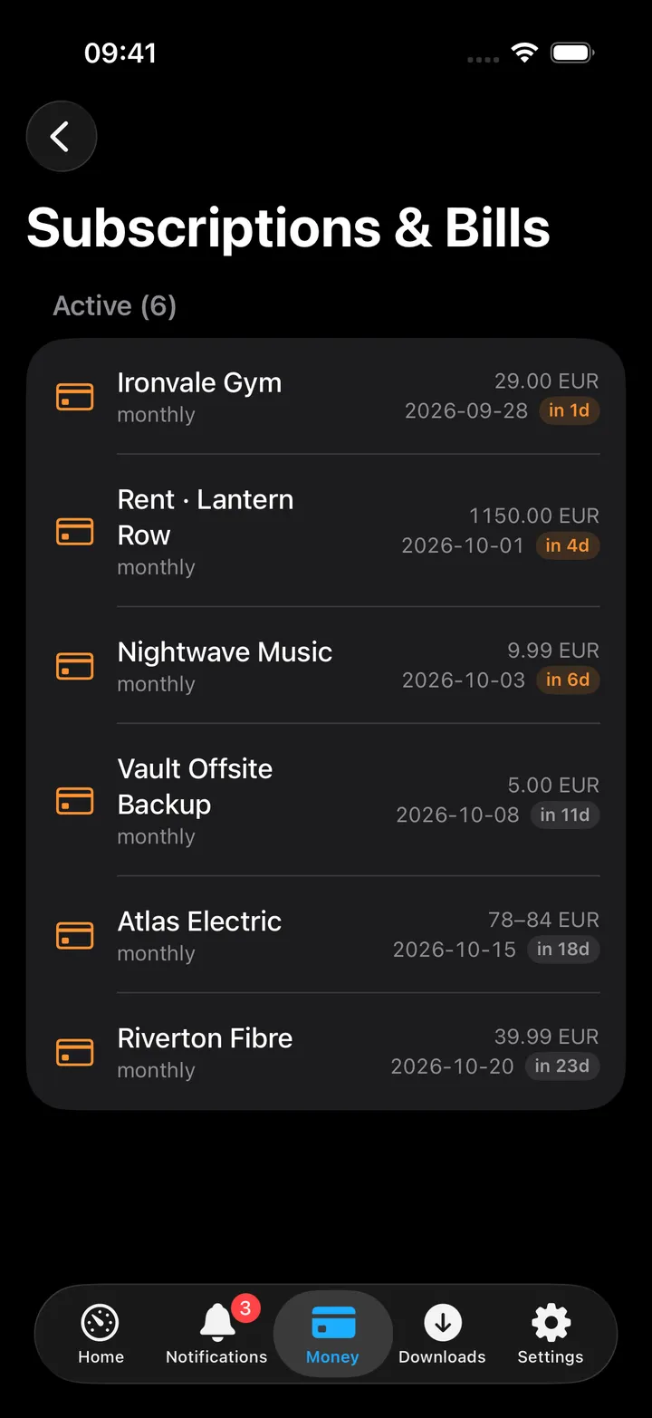 Subscriptions and Bills screen with due-date chips