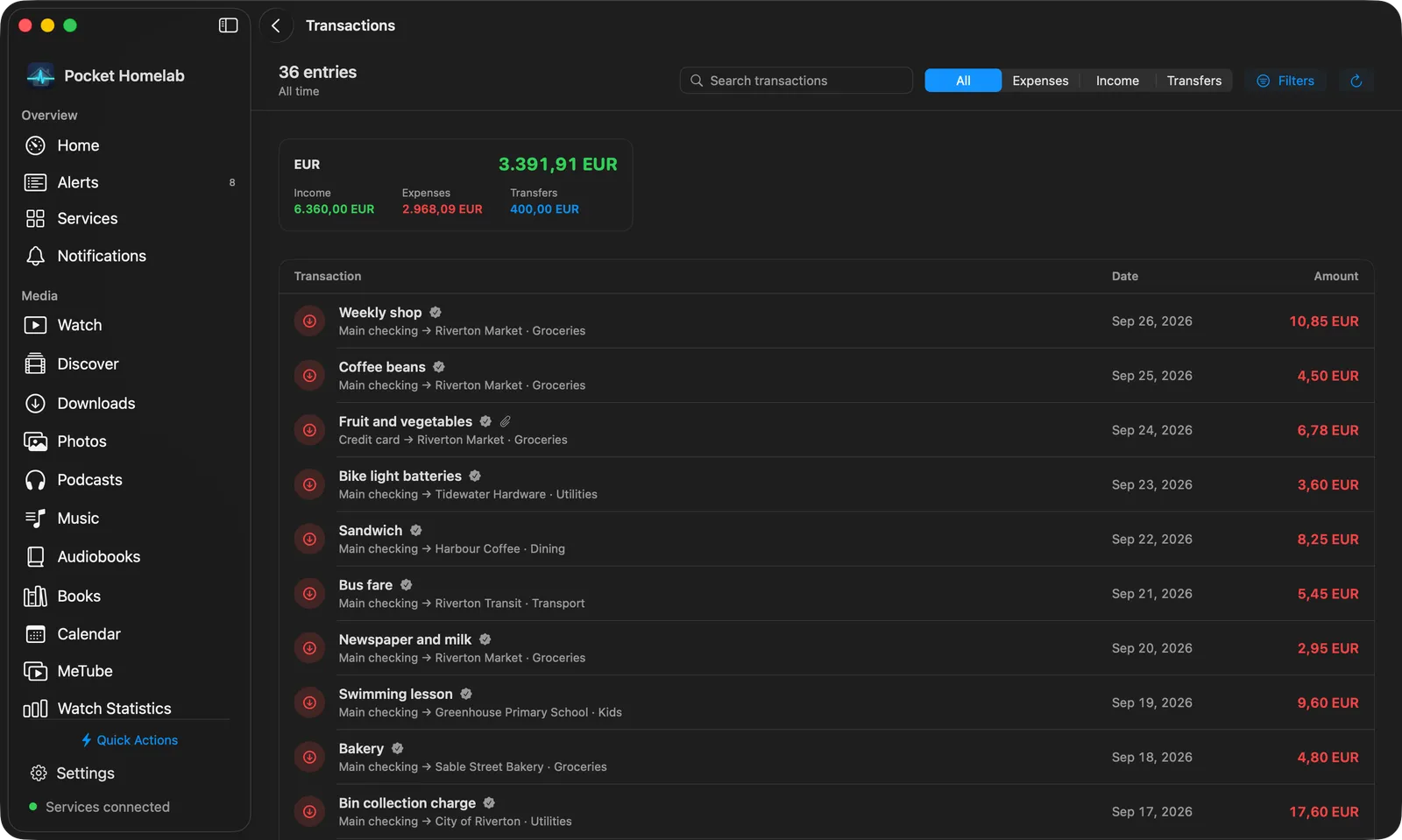Mac Transactions page with a search field, type filter, currency totals and a transactions table