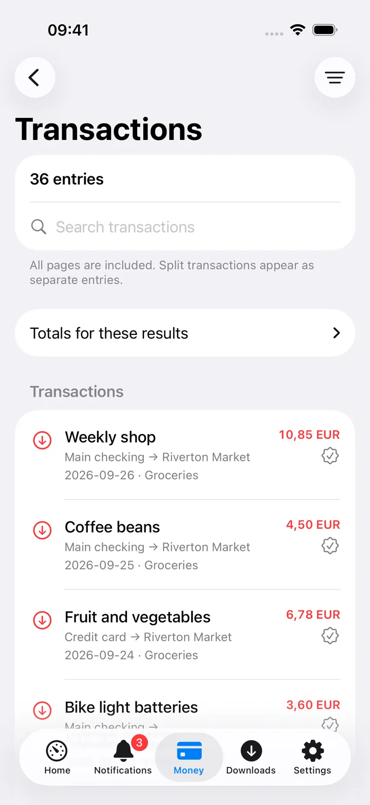 Transaction ledger with totals and a filter button
